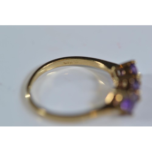 246 - 9ct gold and 3 stone amethyst ring size N/O gross weight 2g. Together with a 9ct gold cameo ring. Si... 