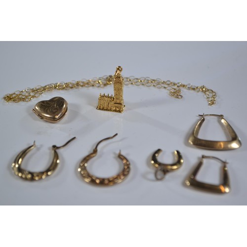 250 - Two 9ct gold charms, together with a 9ct gold neck chain, locket, three single 9ct gold earrings, gr... 