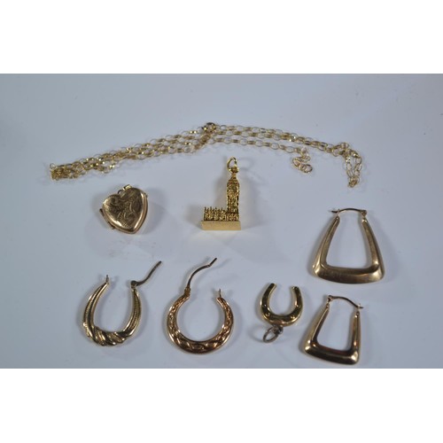 250 - Two 9ct gold charms, together with a 9ct gold neck chain, locket, three single 9ct gold earrings, gr... 