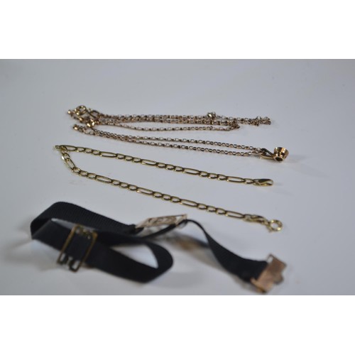 253 - 9ct gold and black material bracelet slide with rolled gold clasp, 9ct gold gem-set pendant and chai... 