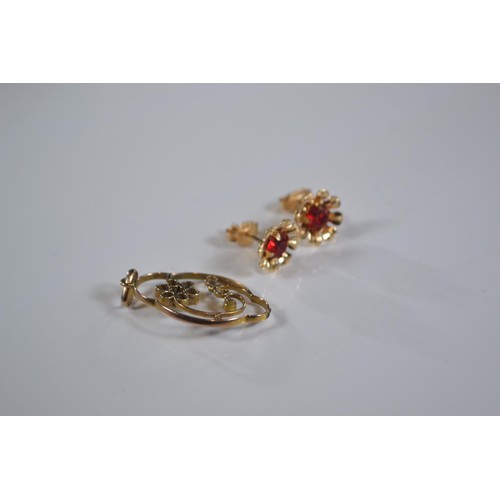 254 - Pair of 18ct gold earrings set with red stones (2g) and 9ct pendant set with seed pearls and white s... 