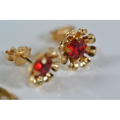 254 - Pair of 18ct gold earrings set with red stones (2g) and 9ct pendant set with seed pearls and white s... 