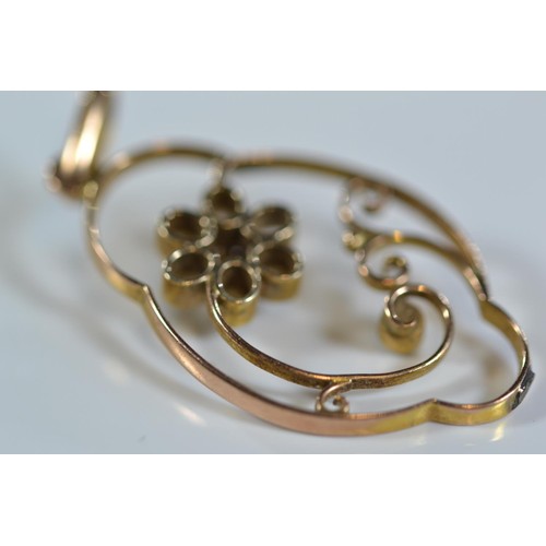 254 - Pair of 18ct gold earrings set with red stones (2g) and 9ct pendant set with seed pearls and white s... 