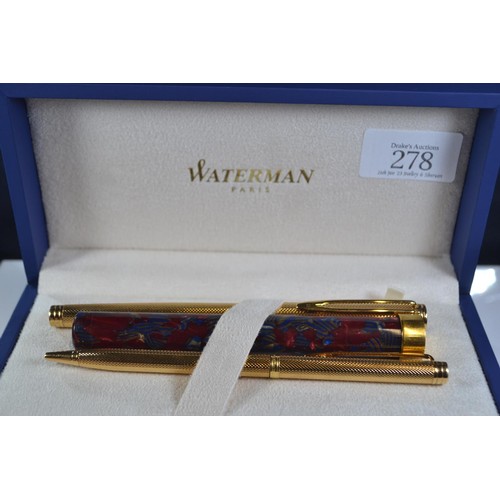 278 - Three Waterman (in box) pens inc, two fountain pens with 18k nibs and one ball point pen.