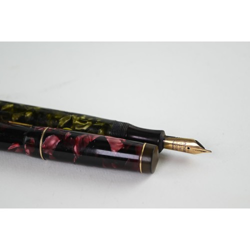 288 - Ten marbled fountain pens all of which have 15ct gold nibs. Including, Croxy, Mentmore, Swan, Kingsw... 