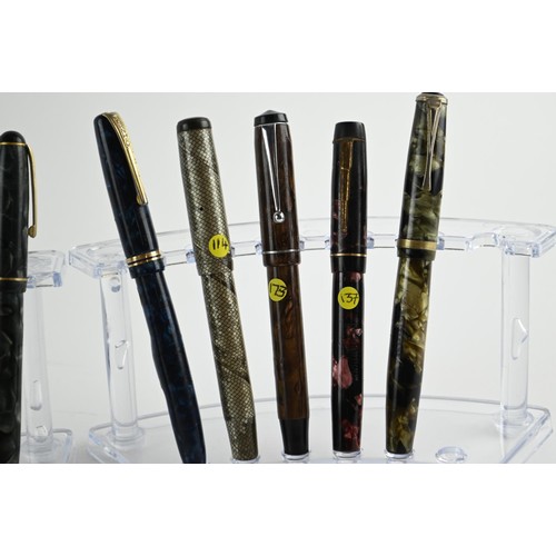 288 - Ten marbled fountain pens all of which have 15ct gold nibs. Including, Croxy, Mentmore, Swan, Kingsw... 