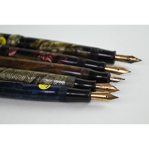 288 - Ten marbled fountain pens all of which have 15ct gold nibs. Including, Croxy, Mentmore, Swan, Kingsw... 