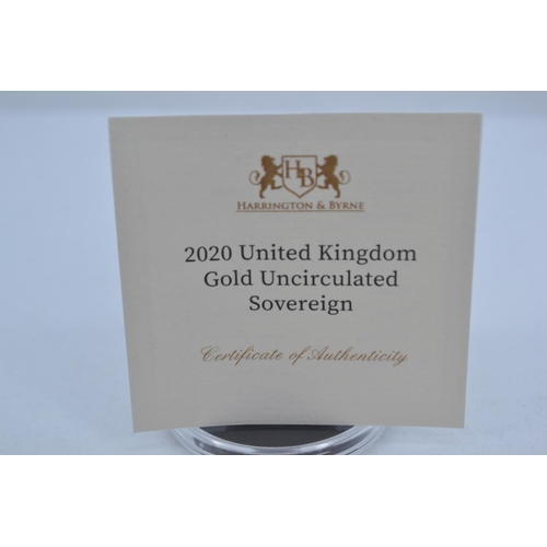 37 - 2020 Elizabeth II UK Gold Uncirculated Sovereign, from Harrington & Byrne, with certificate and ... 