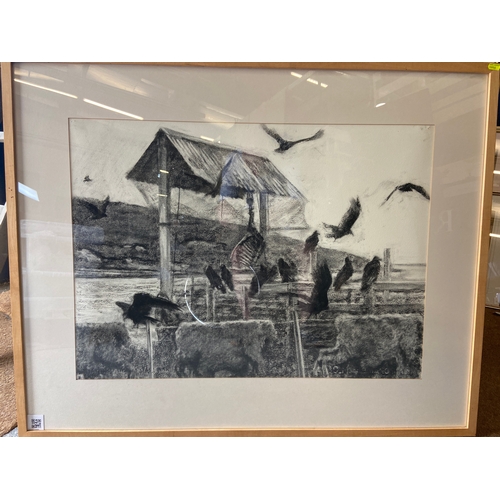 609 - Alan Stones (b. 1947) Charcoal artwork depicting a scene of turkey vultures hovering at the site of ... 