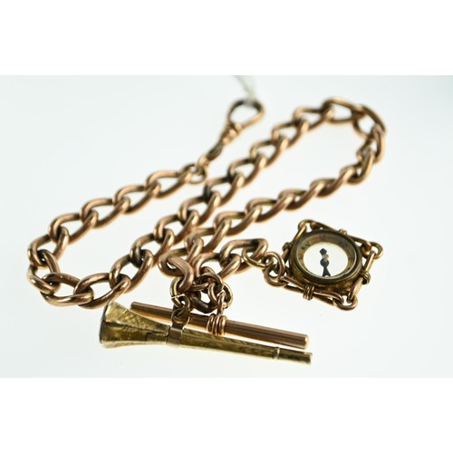 243 - Albert chain with fob and T-bar with propelling pencil and compass charms, yellow metal with test in... 