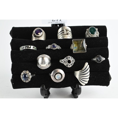 271 - Twelve large decorative silver rings with various stone and styles, gross weight 78 grams