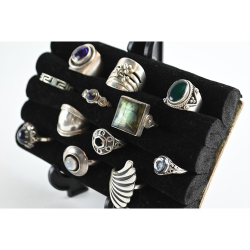 271 - Twelve large decorative silver rings with various stone and styles, gross weight 78 grams