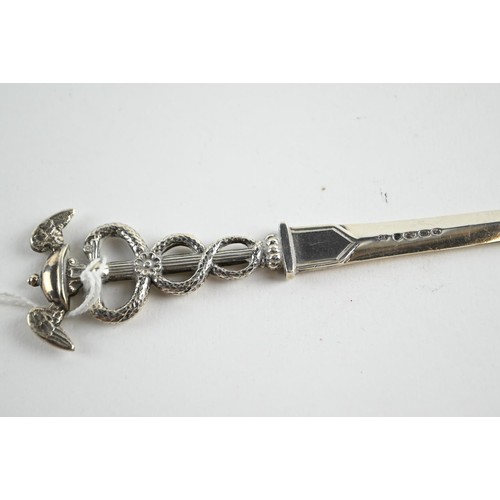 375 - Victorian silver caduceus handled letter opener, maker's mark rubbed but possibly by Francis Higgins... 