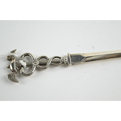 375 - Victorian silver caduceus handled letter opener, maker's mark rubbed but possibly by Francis Higgins... 