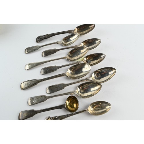 386 - Ten silver spoons, various maker's and dates, including eight teaspoons, a coffee spoon and mustard ... 