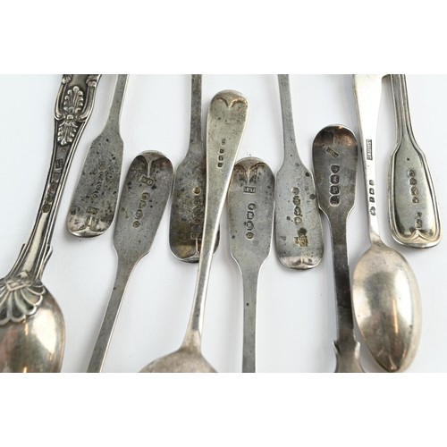 386 - Ten silver spoons, various maker's and dates, including eight teaspoons, a coffee spoon and mustard ... 