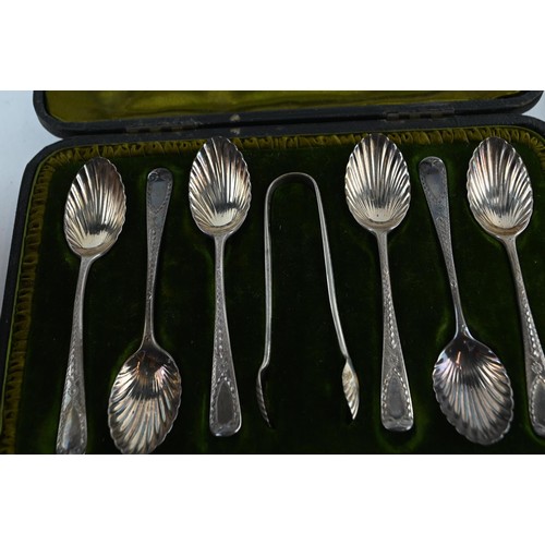 403 - Two cased sets of silver coffee spoons, including: late Victorian set of six spoons with sugar nips ... 