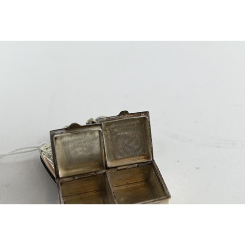 414 - Silver double compartment stamp box, with international convention mark for Ari D Norman, London 198... 