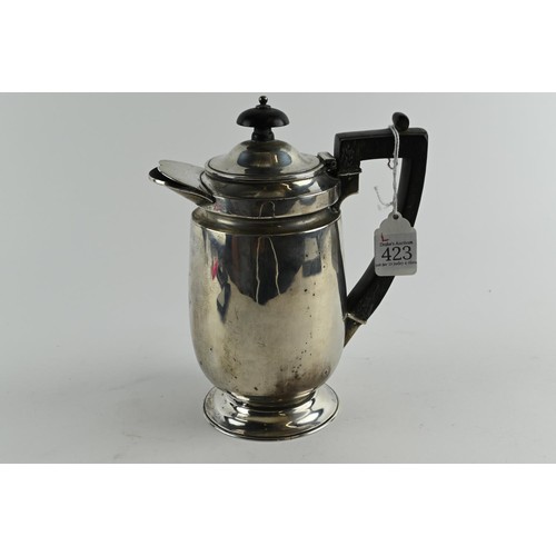 423 - Late Victorian silver hot water jug, Hawksworth, Eyre & Co Ltd, London 1899, engraved armorial, ... 