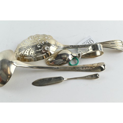 430 - Four pieces of silver flatware, including: a George III sauce ladle, London 1806; Dutch silver strai... 