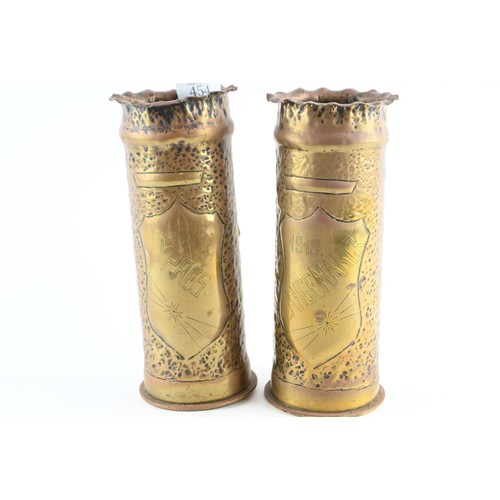 454 - Two large pieces of trench art from gun shells. H 23 dia 9cm engraved with 1919 Langemarck. 1914 Ypr... 