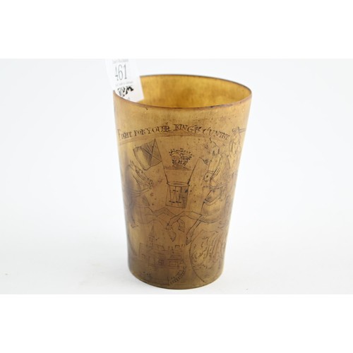 461 - An C18th engraved horn beaker decorated with cavalry horses and inscribed with 'Fight for your King ... 