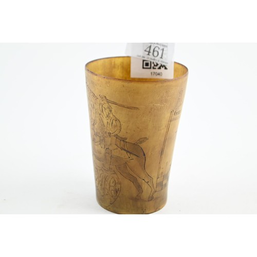 461 - An C18th engraved horn beaker decorated with cavalry horses and inscribed with 'Fight for your King ... 