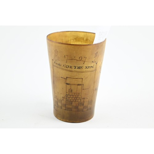 461 - An C18th engraved horn beaker decorated with cavalry horses and inscribed with 'Fight for your King ... 