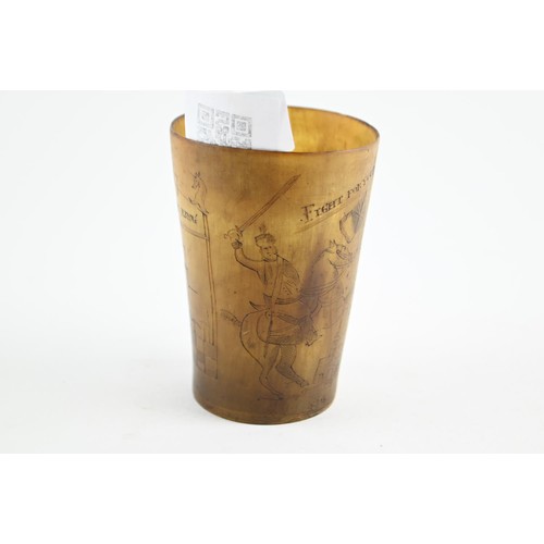 461 - An C18th engraved horn beaker decorated with cavalry horses and inscribed with 'Fight for your King ... 