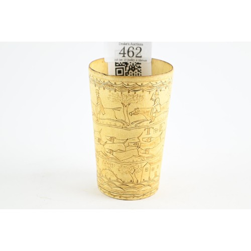 462 - C19th engraved horn beaker depicting a fox hunt and inscribed with the initials T.F, height 98mm