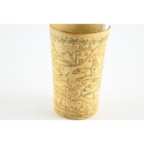 462 - C19th engraved horn beaker depicting a fox hunt and inscribed with the initials T.F, height 98mm