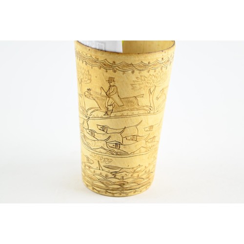 462 - C19th engraved horn beaker depicting a fox hunt and inscribed with the initials T.F, height 98mm