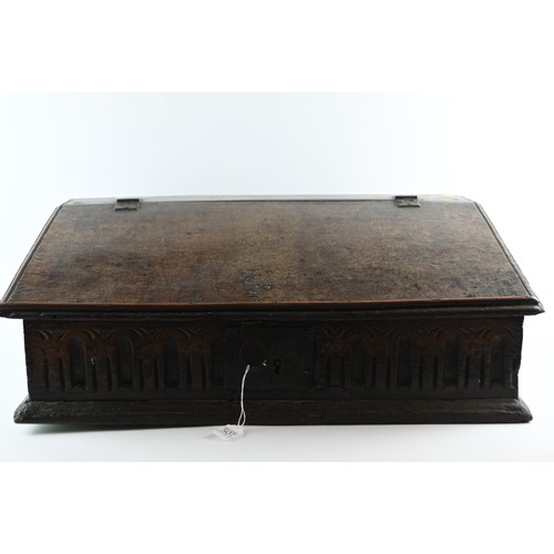 507 - 18c oak bible box, original lock and clasp in place but not fully functional. W64 D41 H 23 cm