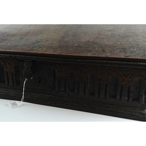 507 - 18c oak bible box, original lock and clasp in place but not fully functional. W64 D41 H 23 cm