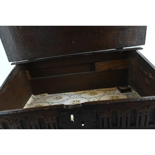 507 - 18c oak bible box, original lock and clasp in place but not fully functional. W64 D41 H 23 cm