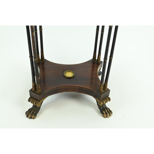 516 - Period Oval bijouterie display table with bamboo style support and claw feet. Blue velvet lining wit... 