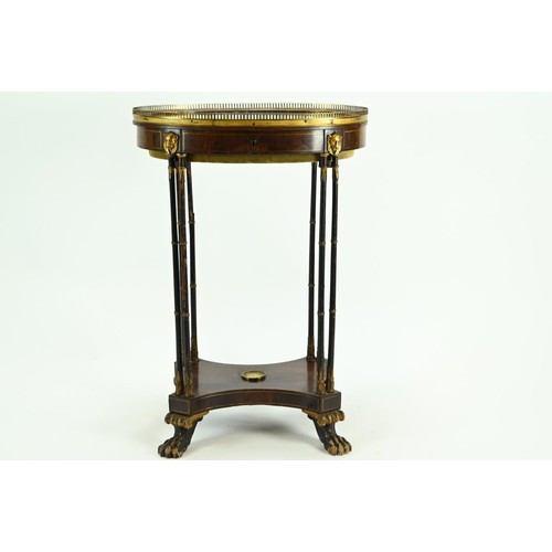 516 - Period Oval bijouterie display table with bamboo style support and claw feet. Blue velvet lining wit... 