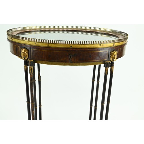 516 - Period Oval bijouterie display table with bamboo style support and claw feet. Blue velvet lining wit... 