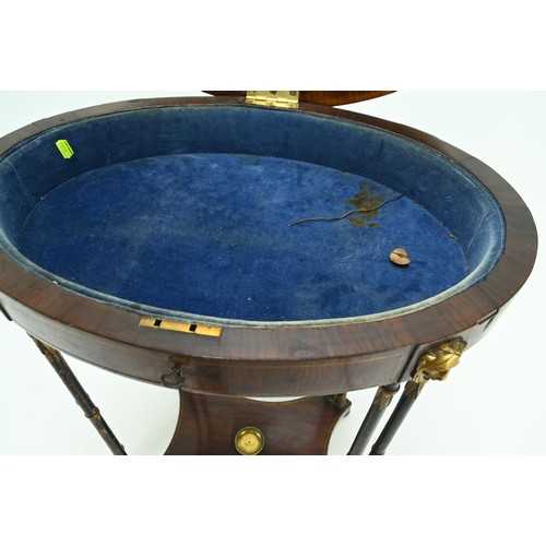 516 - Period Oval bijouterie display table with bamboo style support and claw feet. Blue velvet lining wit... 