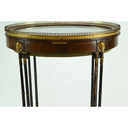 516 - Period Oval bijouterie display table with bamboo style support and claw feet. Blue velvet lining wit... 