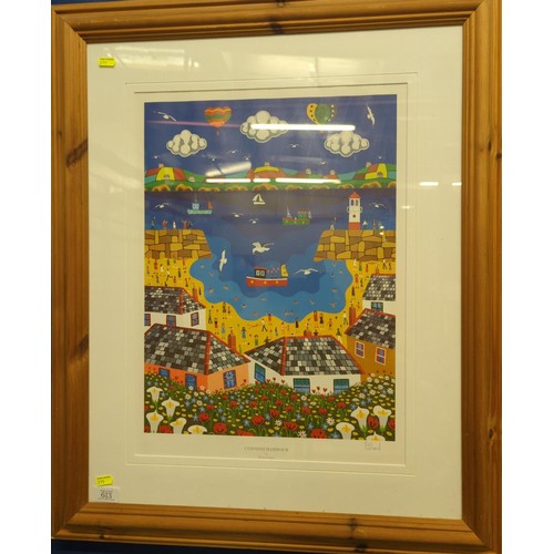 613 - Brian Pollard- Cornish harbour, signed, print no/35. 67cm x 80cm inclusive of frame.