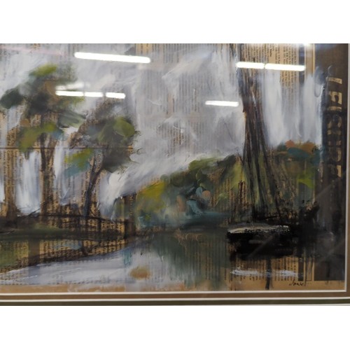 616 - Anthony Amos-British, 1950-2010. Oil on newspaper (Totnes Times) Vire Island, Totnes. 45.5cm x 26cm ... 