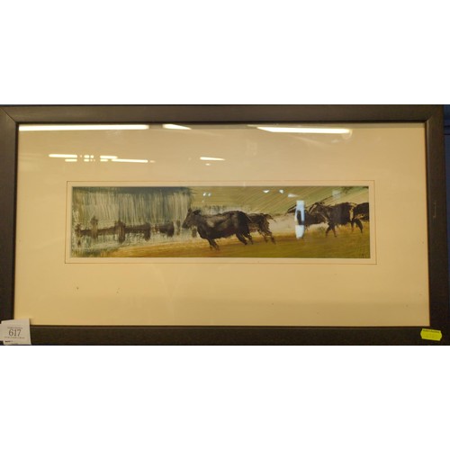 617 - Anthony Amos-British, 1950-2010. Oil painting of cows. Artwork size 38.5cm x 9.5cm. 57cm x 30cm incl... 