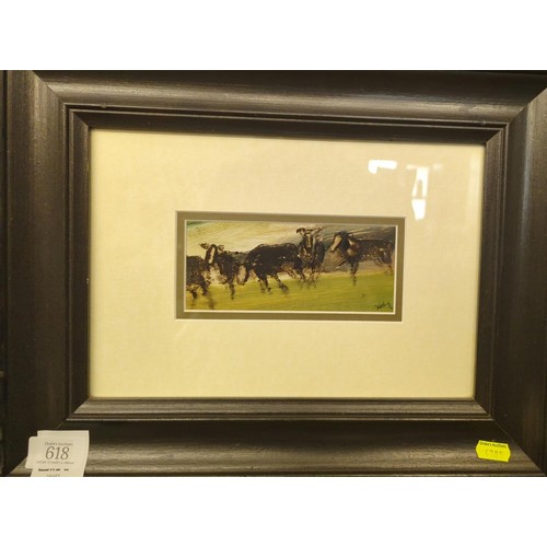 618 - Anthony Amos-British, 1950-2010. Oil painting of cows. Artwork size 15.5cm x 6.5cm. 39cm x 30 inclus... 