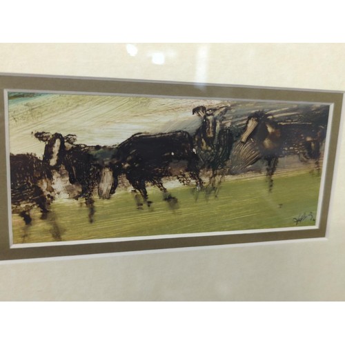 618 - Anthony Amos-British, 1950-2010. Oil painting of cows. Artwork size 15.5cm x 6.5cm. 39cm x 30 inclus... 