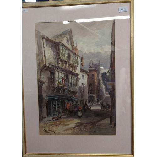 619 - Alfred Leyman 1856-1933, watercolour, Dartmouth street scene, Picture size. 52cm x 35cm.