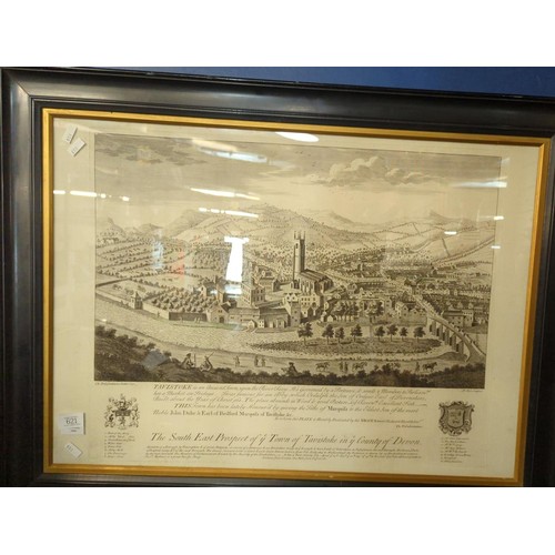 621 - Large framed etching of Tavistock by R. Parr. Che Delafontaine Delin 1741. Plate size 63cm x 50cm.