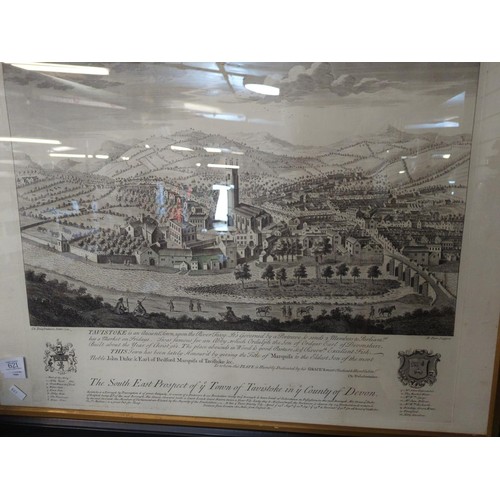 621 - Large framed etching of Tavistock by R. Parr. Che Delafontaine Delin 1741. Plate size 63cm x 50cm.