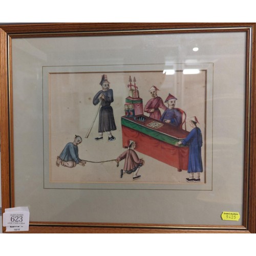 623 - Chinese school. 19th century painting depicting the punishments of China. Actual picture size. 23cm ... 