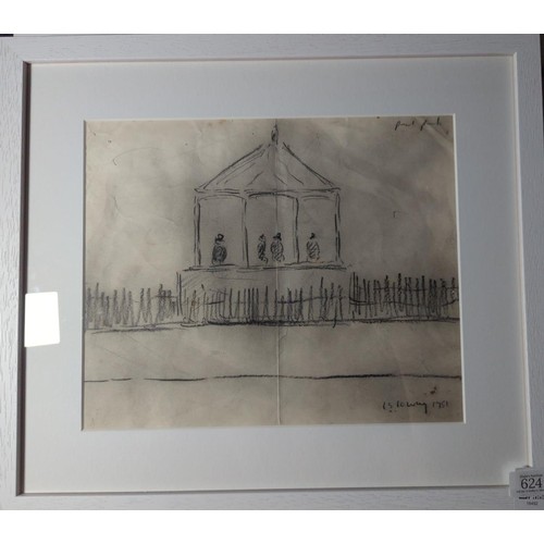 624 - Pencil sketch of Peel Park bandstand, Salford. In the manner of L S Lowry. Signed lower right, L S L... 